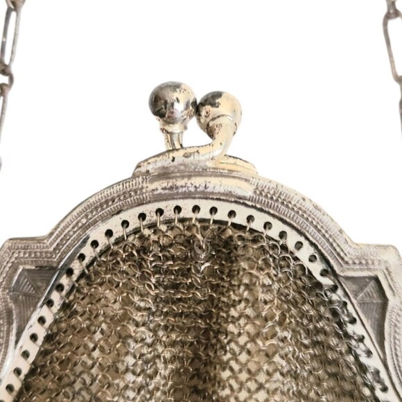 Antique 1900s Art Deco Whiting‎ & Davis Purse Soldered Mesh Tassel Inside Mirror - Picture 3 of 16